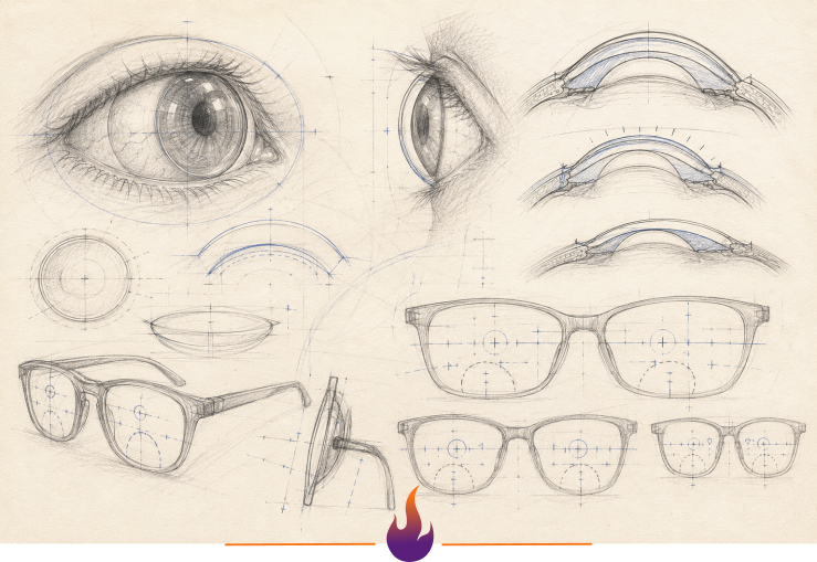 Sketches of human eyes with scleral lensen and eyeglasses frames illustrating a diagnostic process.