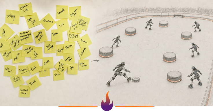 a collega of sticky notes and and an arrow pointing to a sketch of a roller skating sport concept with skaters and a court with obstacles.