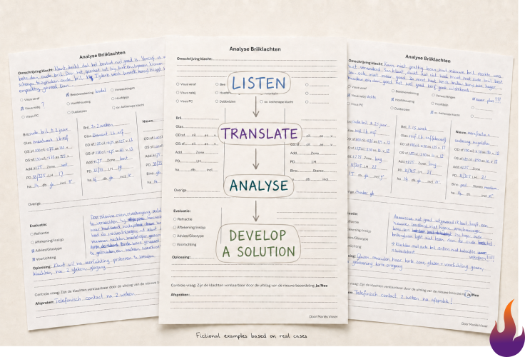 An infographic diagram of the Eyeglass Complaint Analysis Tool showing the core process steps: Listen, Translate, Analyse, and develop a solution.