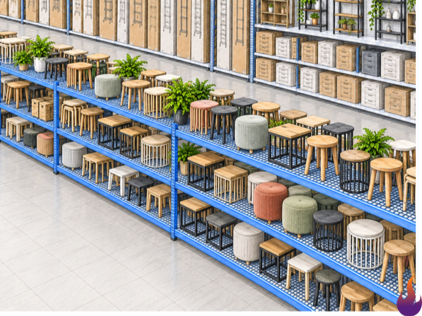 Concept sketch of a blue metal retail island displaying stools and side tables in front of a wall of flat-packed small furniture.