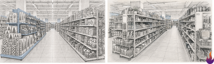 Side-by-side retail sketch comparing a conventional store aisle with a proposed blue seasonal product island.