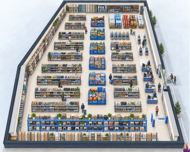 Bird’s-eye concept illustration of the Mega Action store, showing seasonal islands, regular aisles, pallet displays, checkouts, and the small-furniture section.