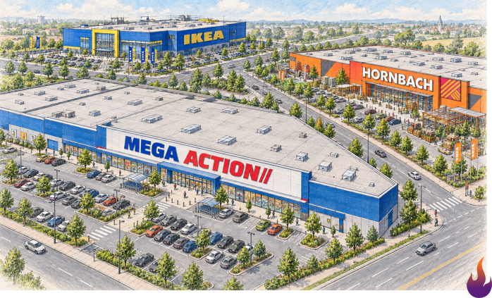 Concept illustration of a Mega Action store located beside IKEA and Hornbach in a triangular retail complex.