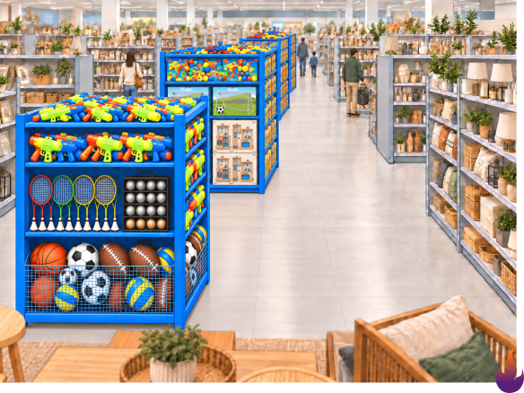 Interior concept sketch of five blue metal retail islands displaying an expanded toy assortment between rows of regular store shelving.