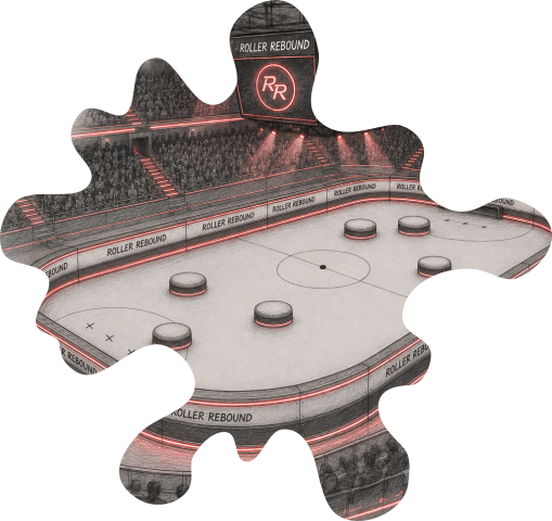 A detailed concept sketch of the Roller Rebound stadium arena filled with spectators, showing a central roller skating rink with obstacles, overhead scoreboard and atmospheric lighting.