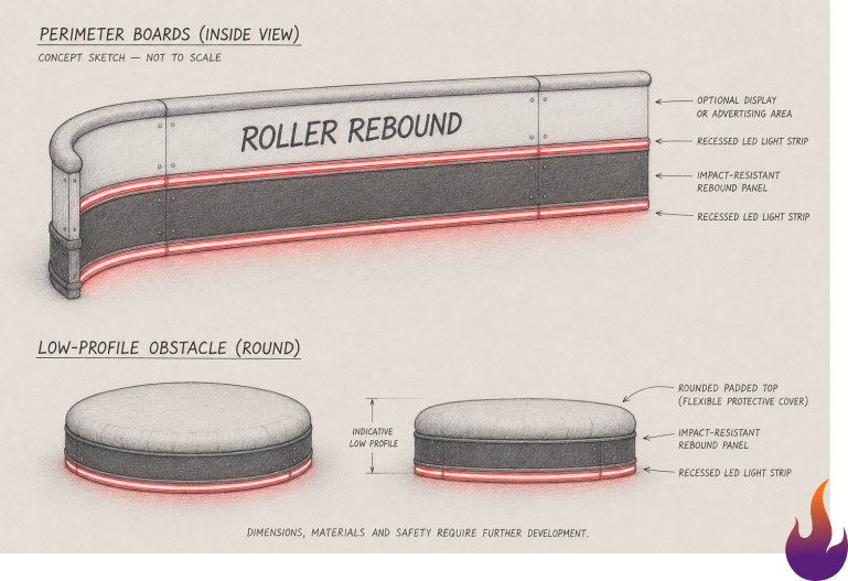Concept sketch of the Roller Rebound perimeter boards and obstacles.