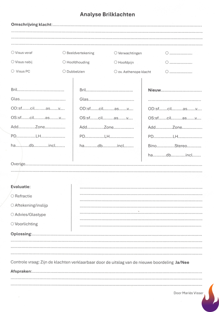 A document view of the originaleyeglass complaint analysis form in Dutch.
