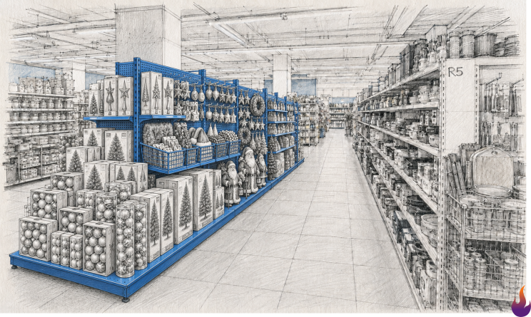 Concept sketch of a flexible blue metal retail island displaying Christmas products beside regular store shelving.