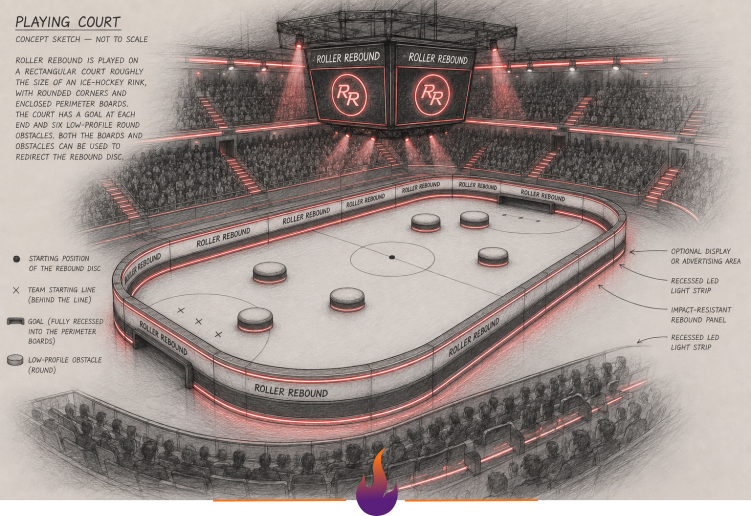A detailed concept sketch of the Roller Rebound stadium arena filled with spectators, showing a central roller skating rink with obstacles, overhead scoreboard and atmospheric lighting.