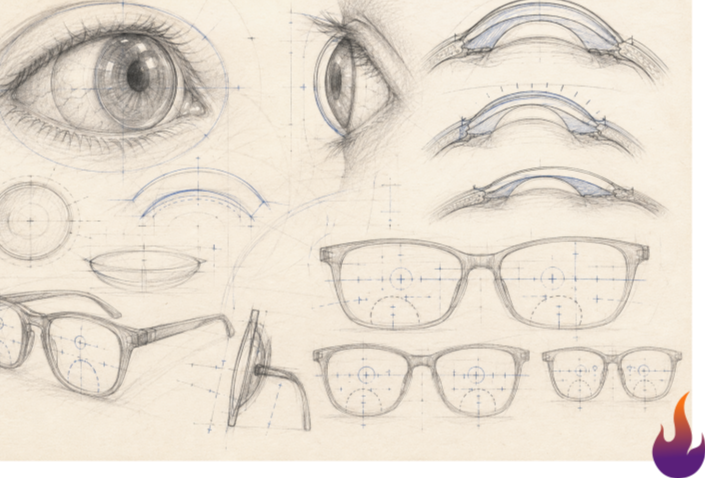 Sketches of human eyes with scleral lensen and eyeglasses frames illustrating a diagnostic process.