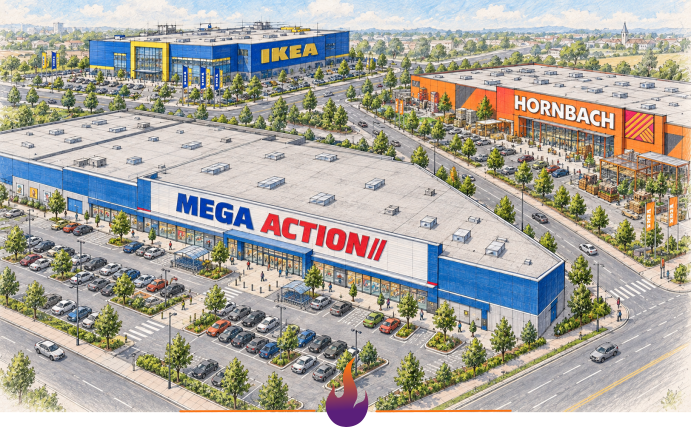 Concept illustration of a Mega Action store located beside IKEA and Hornbach in a triangular retail complex with logo.
