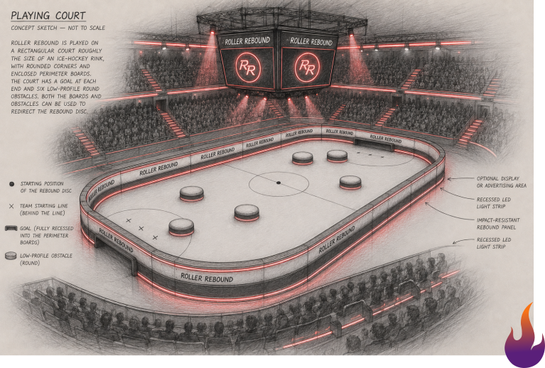 A detailed concept sketch of the Roller Rebound stadium arena filled with spectators, showing a central roller skating rink with obstacles, overhead scoreboard and atmospheric lighting.