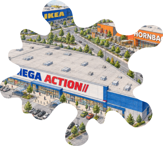 Concept illustration of a Mega Action store located beside IKEA and Hornbach in a triangular retail complex.