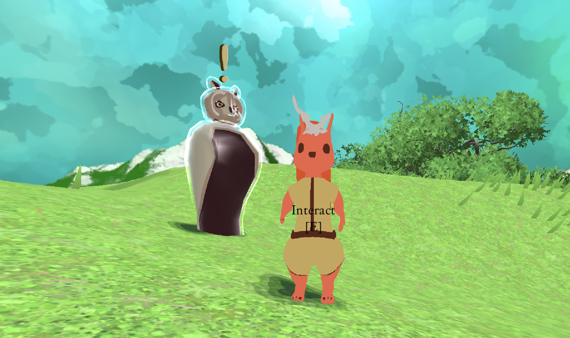 A cartoon-style digital scene of a grassy field with a mountain and cloudy sky in the background. There is a humanoid animal character with orange fur, wearing a beige outfit, standing outdoors facing two other characters. One character is a large, stylized gray and white creature with a dark chest, and the other is a small gray creature with a round face and pointed ears. The small character has a message box with the word "Interact" and the letter "E" in it.