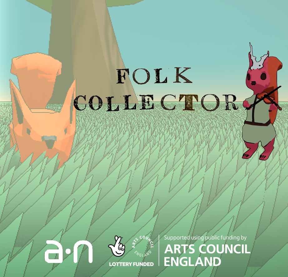 Cartoon-style illustration of a fox and a humanoid creature with a violin standing in a grassy field with a tree in the background, with 'Folk Collector' text overlay.