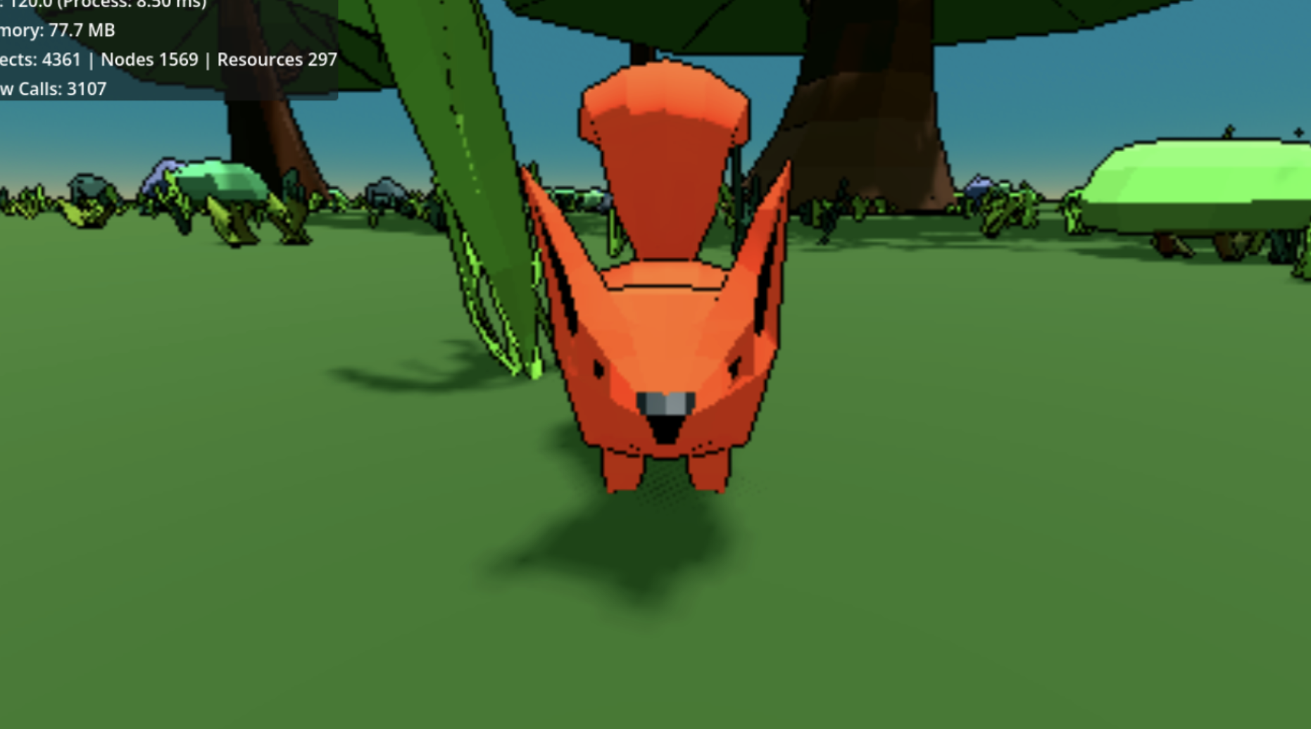 A pixelated 3D-style fox with red fur, black nose, and upright ears standing on green grass in a forest setting with trees and small green creatures in the background.