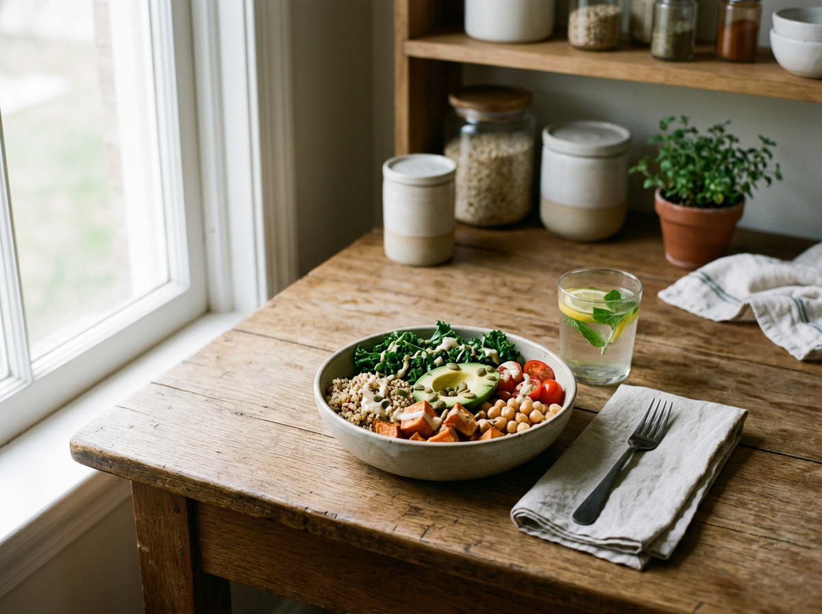 A wooden table holds a bowl of salad with avocado, cherry tomatoes, chickpeas, and broccoli, along with a glass of water with mint and lemon, a fork on a napkin, near a window in a cozy interior with shelves full of jars and a potted plant.