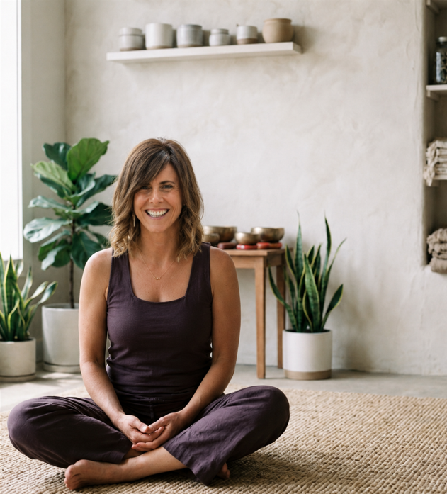 A woman sitting cross-legged on a beige rug in a bright, minimalist room with potted plants and shelves displaying bowls and towels, smiling at the camera.