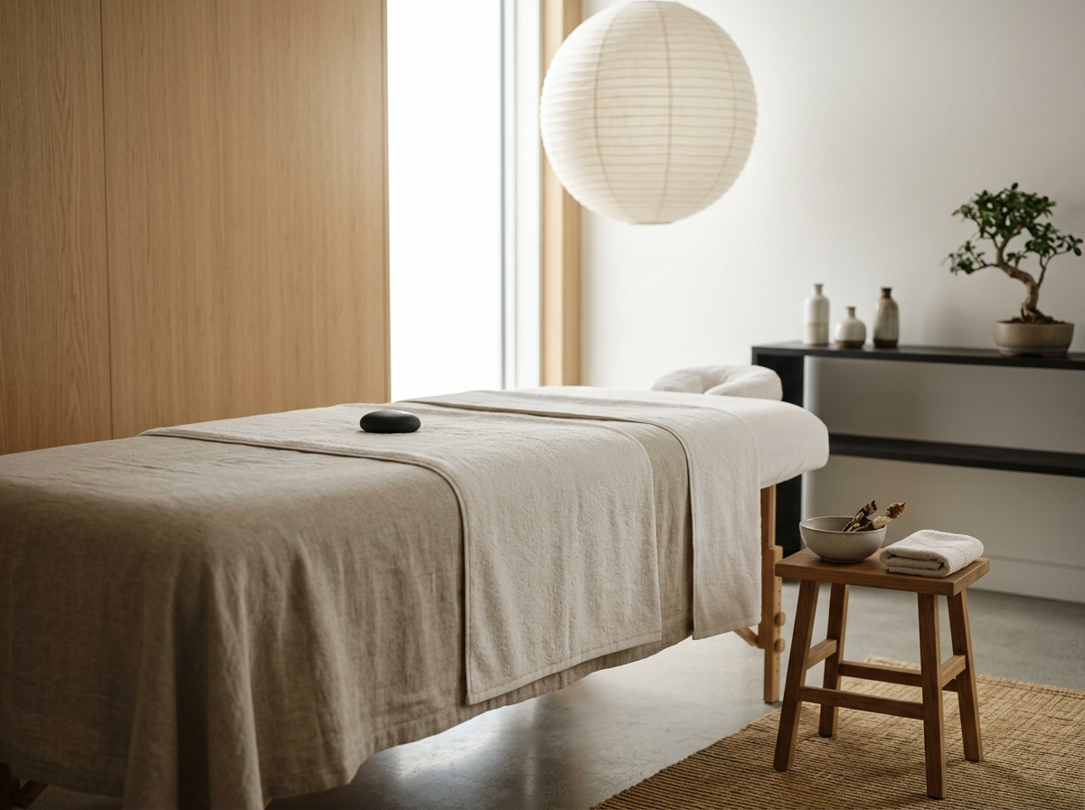 A serene massage room with a massage table covered in a beige cloth, a small wooden stool with towels and a bowl, a modern sideboard with decorative vases and a potted bonsai tree, a large paper lantern hanging from the ceiling, and natural light coming through a window.