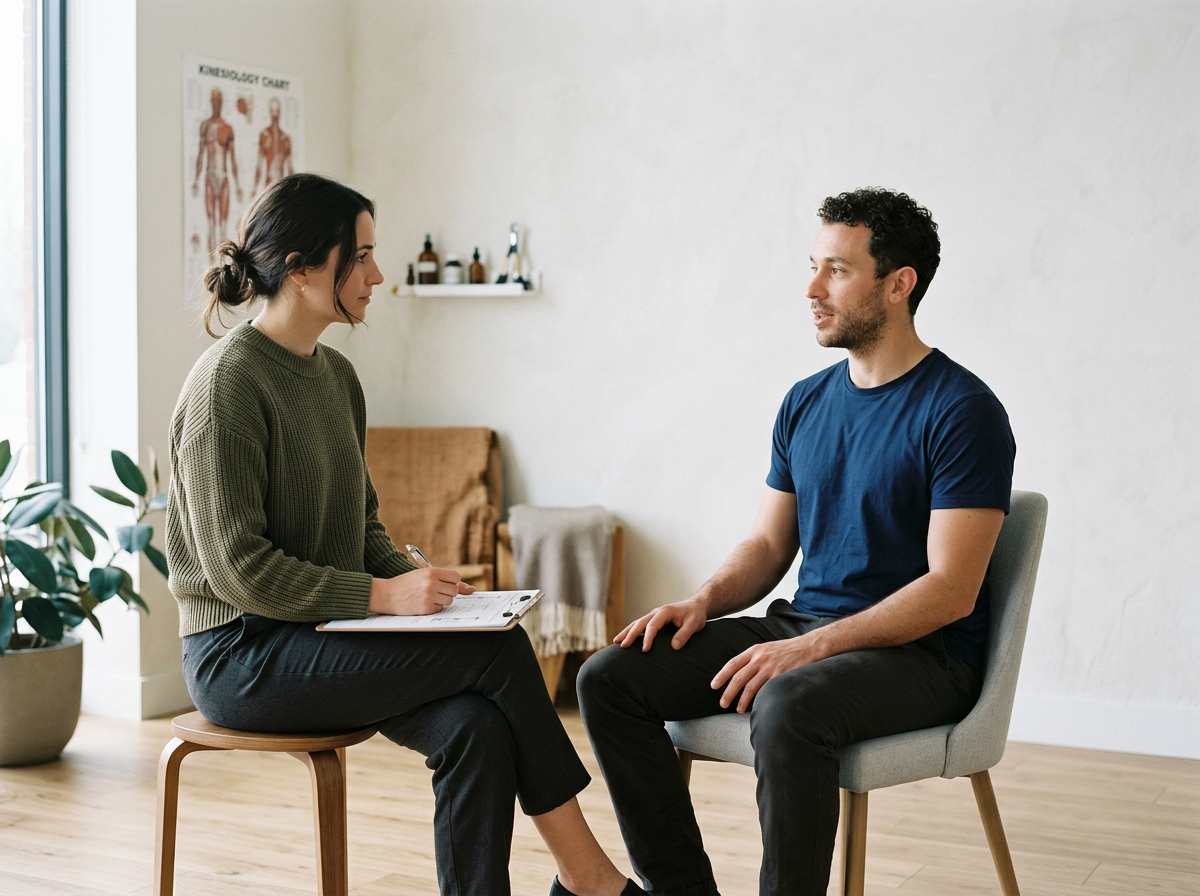 Therapist and patient having a counseling session in a therapy room, with a potted plant and a medical chart on the wall.