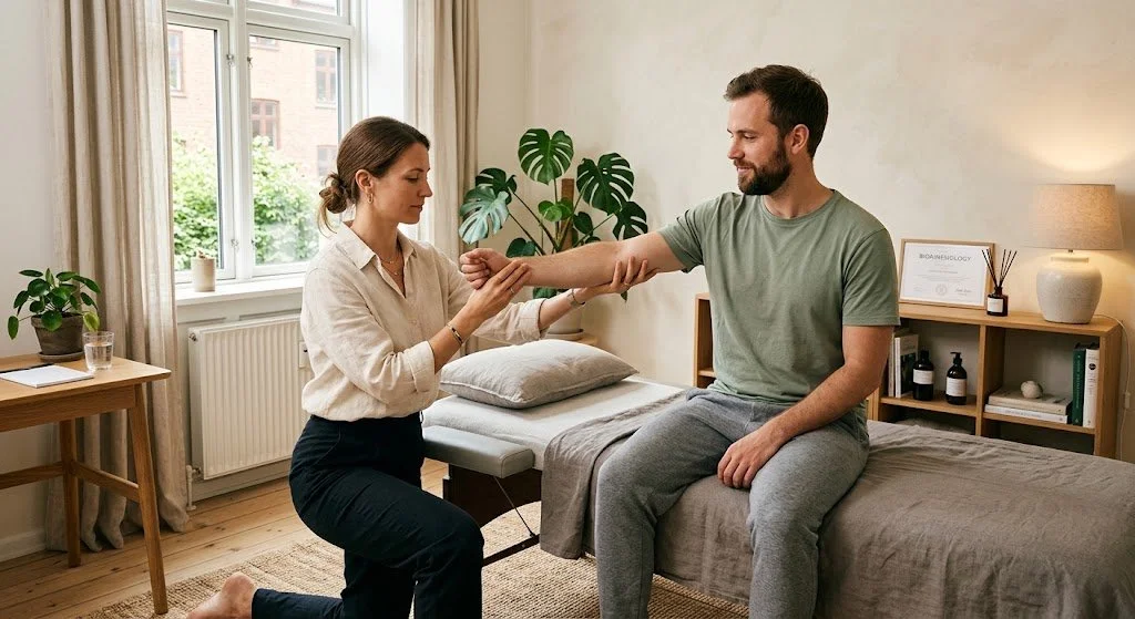 A woman sitting on a medical examination table holding a man's arm while a healthcare professional examines or eases his wrist in a well-lit room.