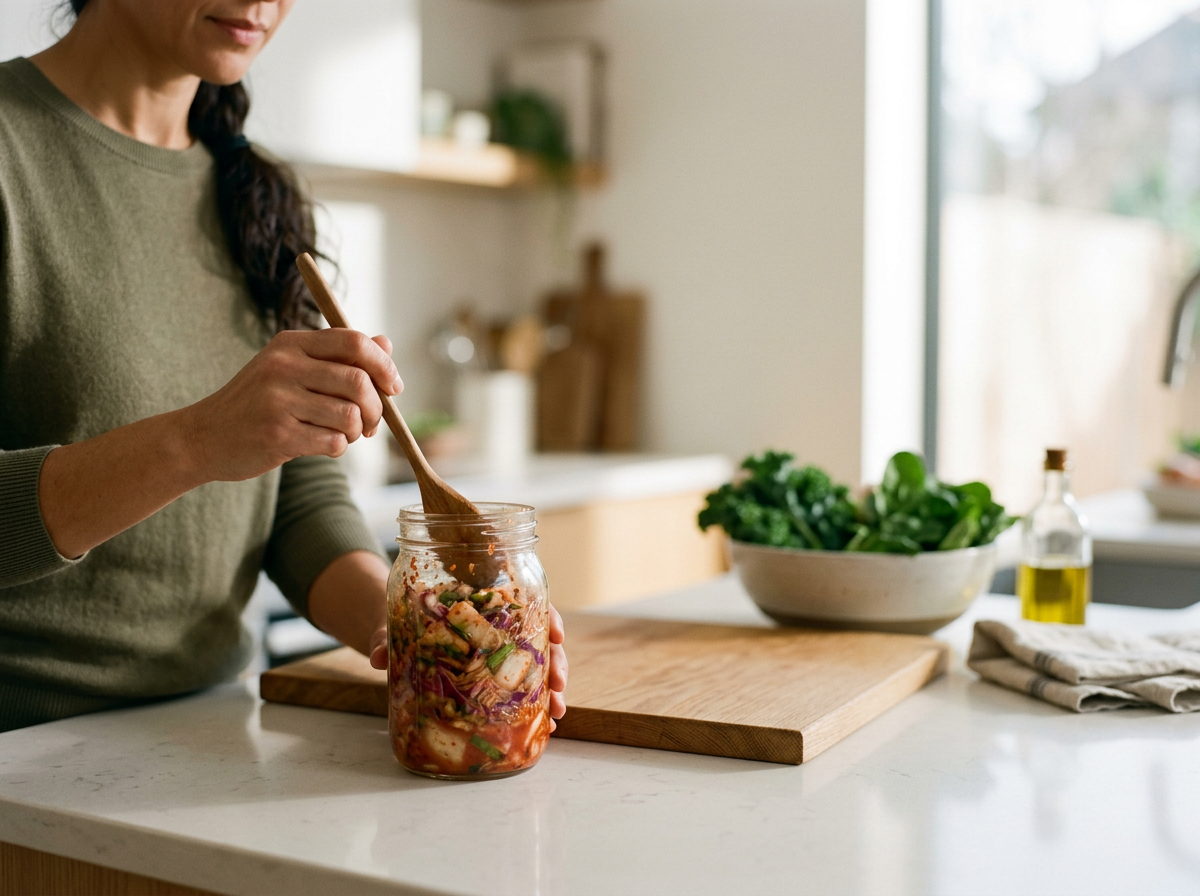 Woman preparing homemade vegetable kimchi in a glass jar in a bright kitchen.