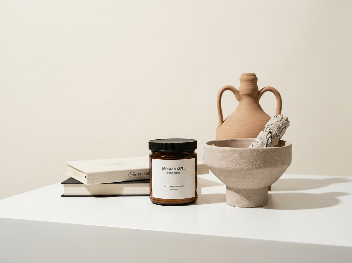 Minimalist decor items on a white surface including a closed book, a candle jar labeled Brennann Michael, a ceramic bowl with a bundle of sage, and a ceramic vase with two handles.