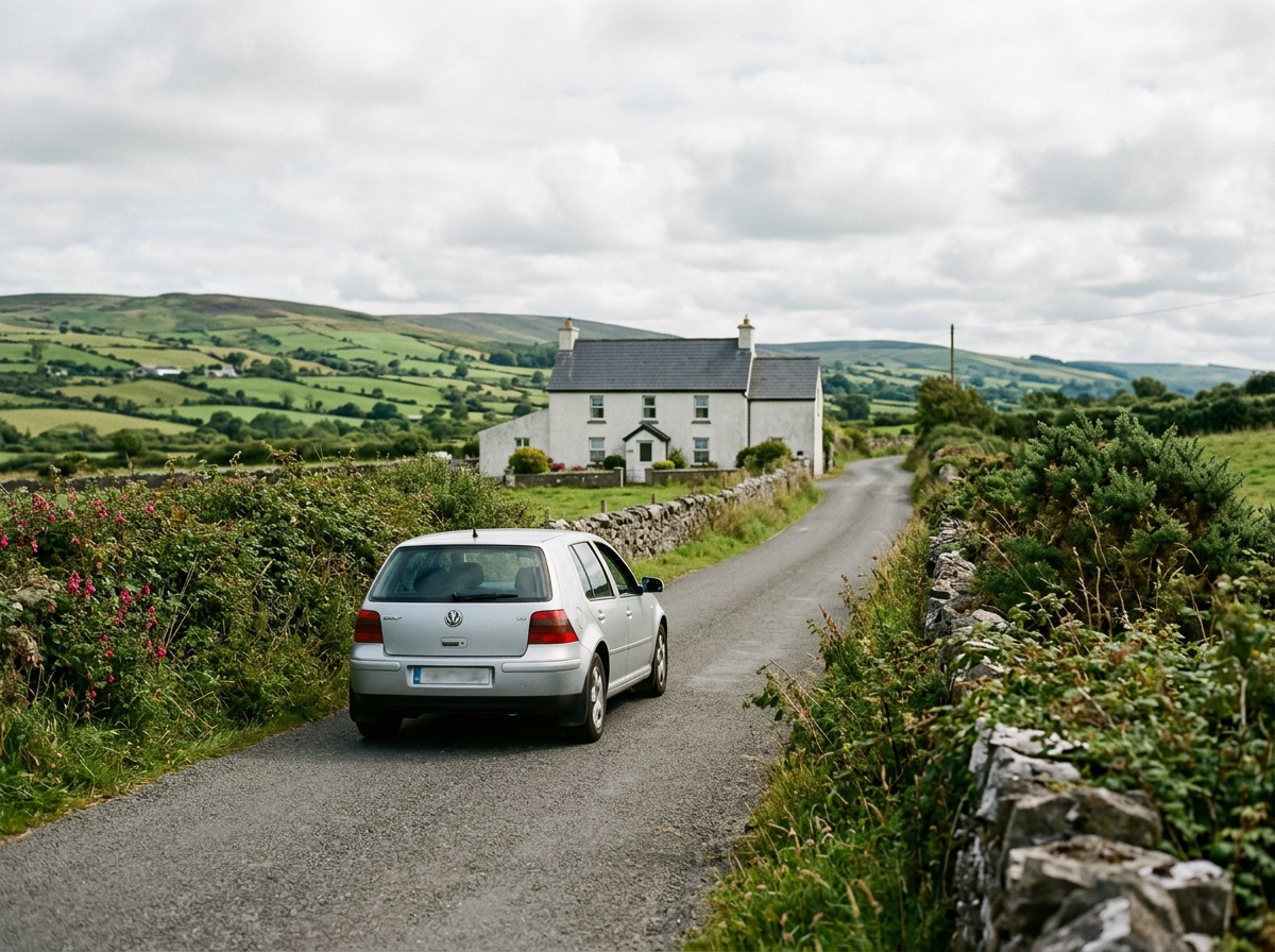 A silver Volkswagen golf parked on a rural country road with stone walls and lush green fields in the background.