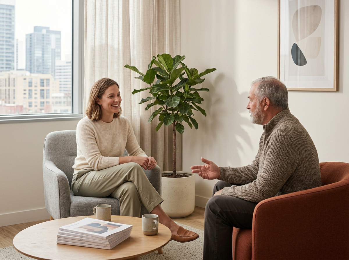 A woman and a man are engaged in a conversation in a modern office or therapy room. The woman is smiling and listening, sitting on a light gray chair, while the man, with a gray beard, is speaking and gesturing with his hand, sitting in a rust-colored armchair. There is a large potted plant, a window with a city view, framed abstract art, a wooden coffee table with stacked books, and two coffee mugs on the table.