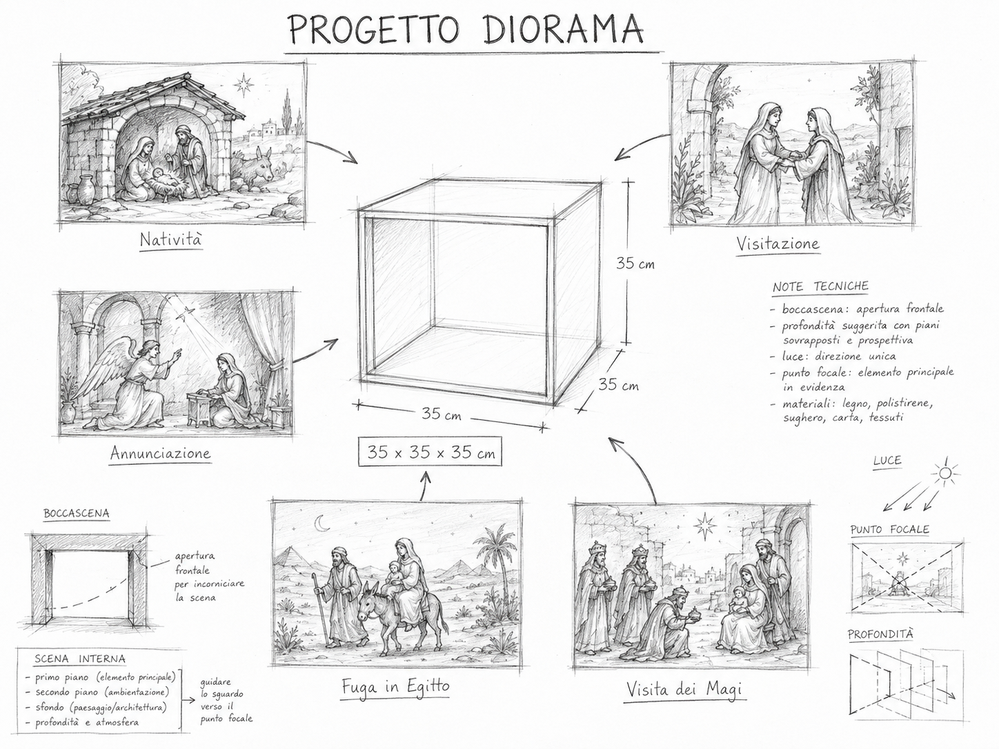 Schema di un progetto di diorama con disegni e annotazioni tecniche. Include rappresentazioni di scene della Natività, annunciazione, fuga in Egitto e visita dei Magi, con dimensioni 35x35x35 cm, e note sulle tecniche e la disposizione.