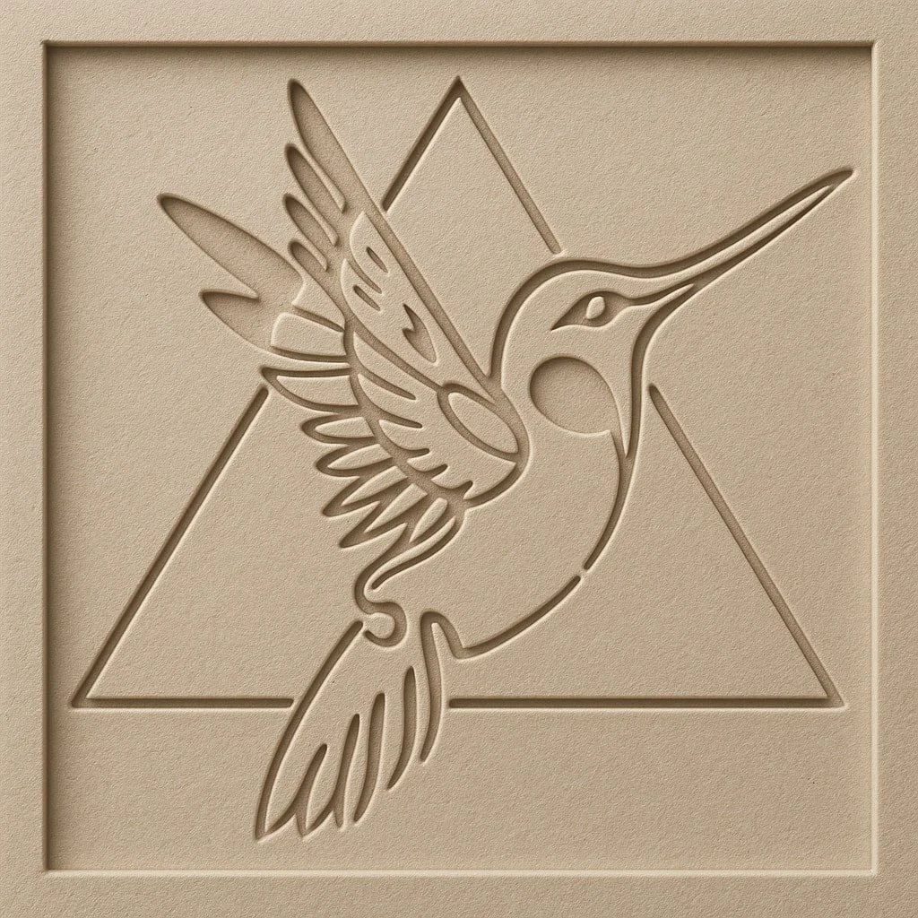 Illustrazione stilizzata di un colibrì con un fiore, all'interno di un quadrato con un triangolo di sfondo.