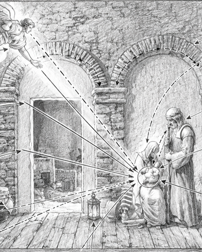 Illustrazione in stile antico che rappresenta una scena Biblica della Natività con Maria, Giuseppe e il Bambino Gesù circondati da linee di spiegazione
