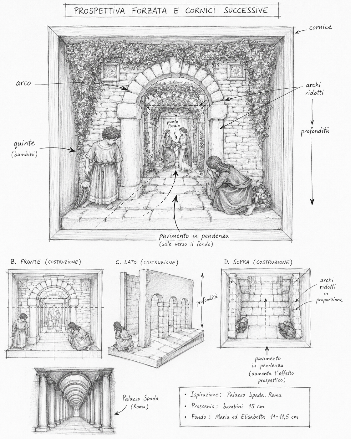 Disegno tecnico di un affresco con prospettiva forzata e cornici successive, che raffigura un episodio biblico con Maria ed Elisabetta, con dettagli architettonici come archi, colonne, pavimenti inclinati e ambientazioni di edifici storici. La scena include anche bambini e figure femminili in preghiera, con annotazioni e proporzioni architettoniche in diversi punti di vista.