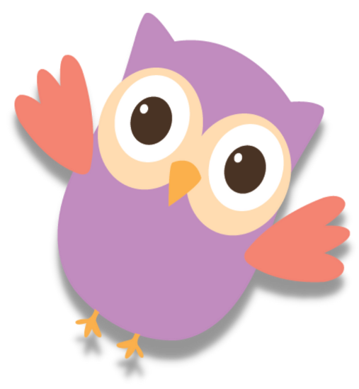 A cartoon purple owl with big eyes, orange beak, pink wings, and black-tipped purple ears, waving.