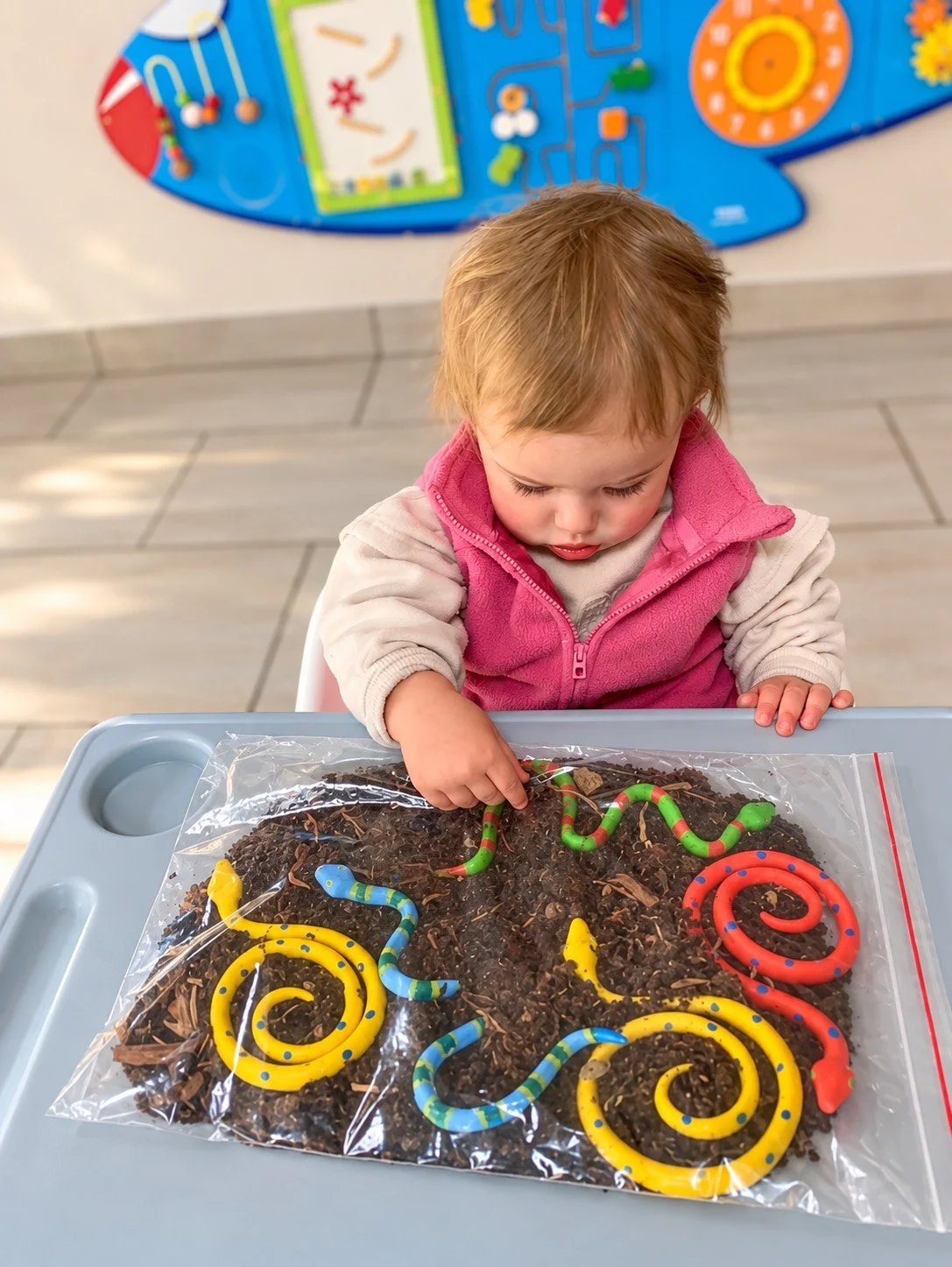 A young child sitting at a table with a clear plastic bag of dirt and colorful plastic worms, playing with the worms in the dirt.