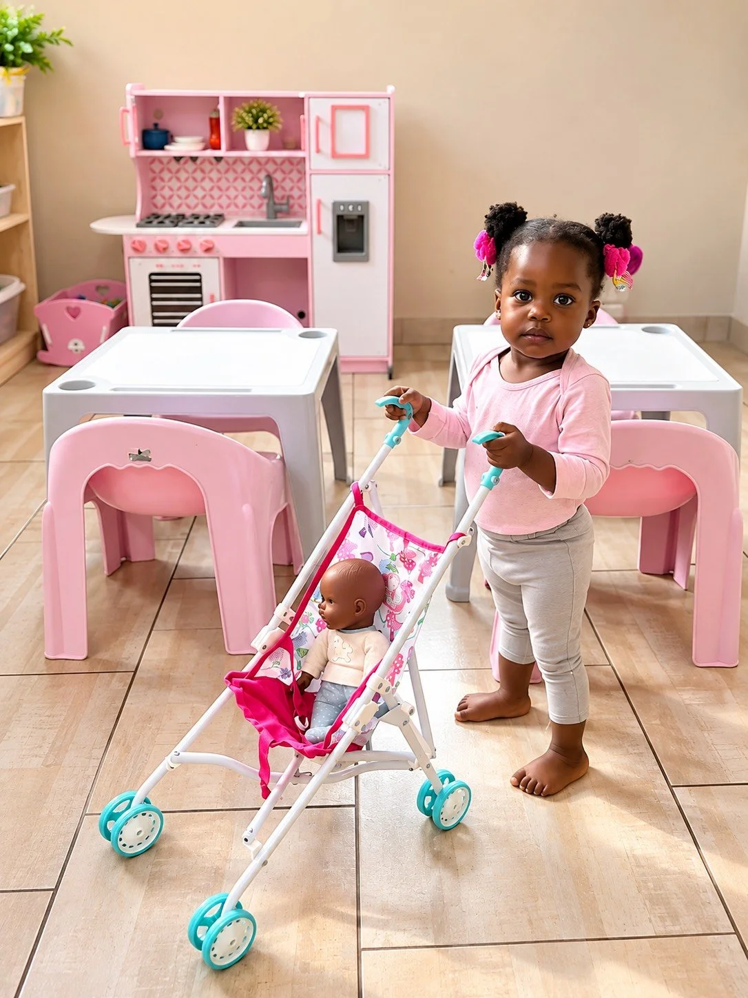 A young girl with puffy hair tied with pink bows standing in a pink and white playroom, pushing a toy stroller with a doll inside, and looking at the camera.