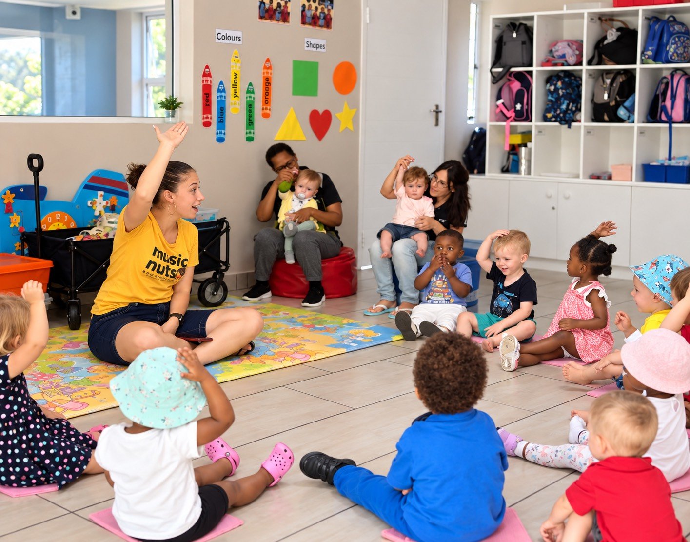 A group of young children sit on pink mats on a classroom floor, raising their hands while participating in a learning activity led by a woman wearing a yellow shirt that says "music nuts." Two adults sit with children in the background, one holding 