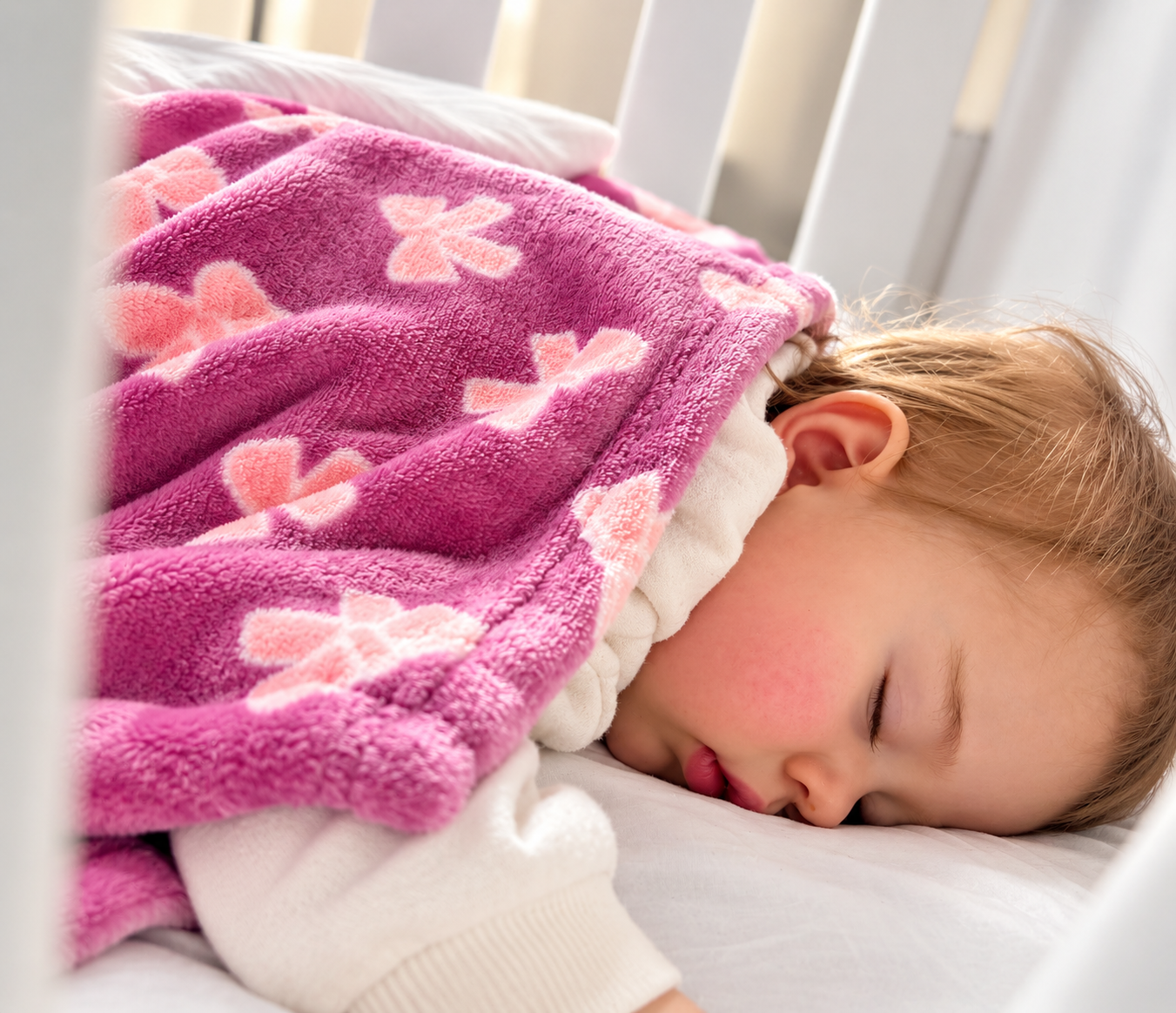 A young girl sleeping peacefully under a pink blanket with flower patterns on a bed.