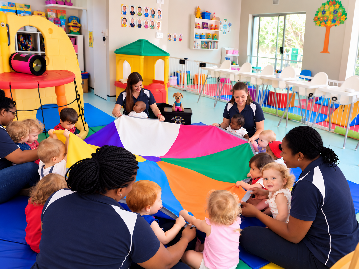Group of children and caregivers playing with a colorful parachute in an indoor daycare or preschool setting with toys, shelves, and a window in the background.