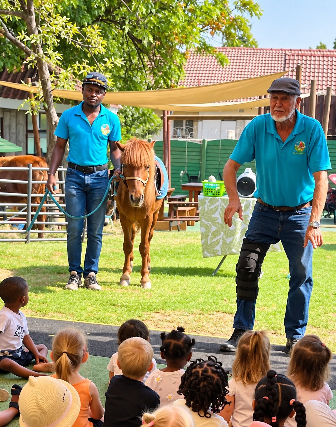 Male presenter with a knee brace speaking to children seated on the grass during a petting zoo show with a volunteer holding a pony in the background.