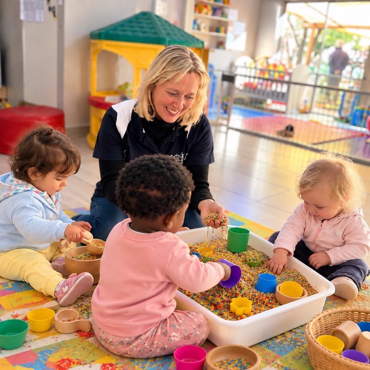 Young child in a high chair holding a toy. On the high chair tray, there are colorful stacking toys, a small wooden toy with a clear dome, and a green and brown wooden frog toy. The background wall is teal.
