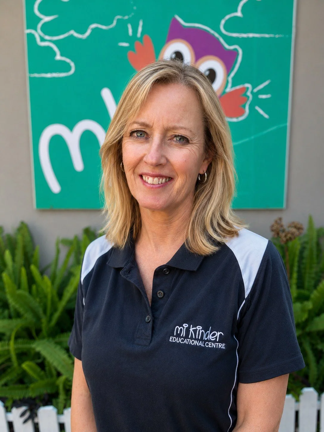 A woman with blonde hair smiling, wearing a black and white polo shirt with "Mi Kinder Educational Centre" logo, standing outdoors in front of a colorful sign with a cartoon owl and clouds.