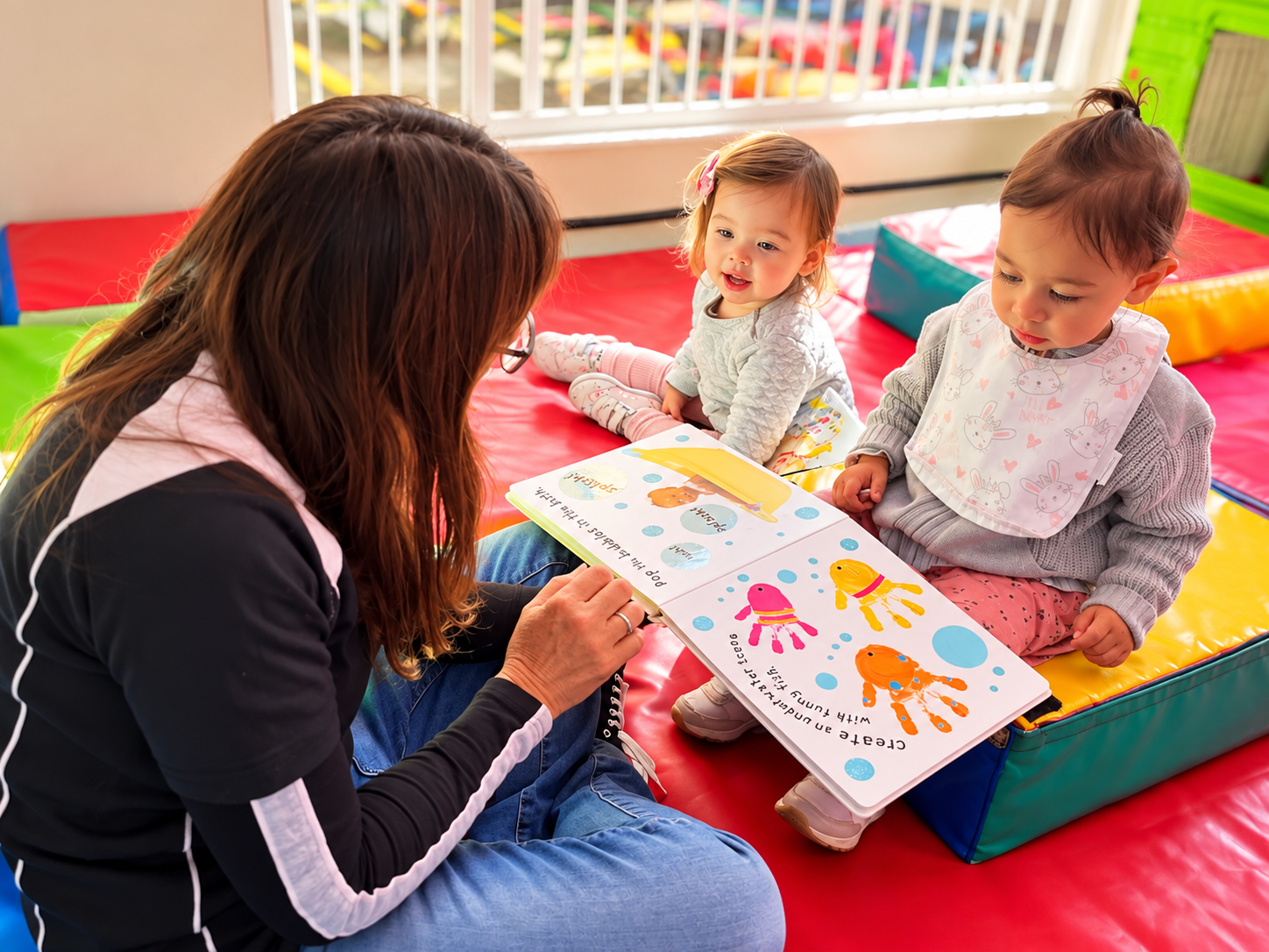 A caregiver reading a colorful children's book about handprint animals to two young kids sitting on a padded floor in an indoor play area.