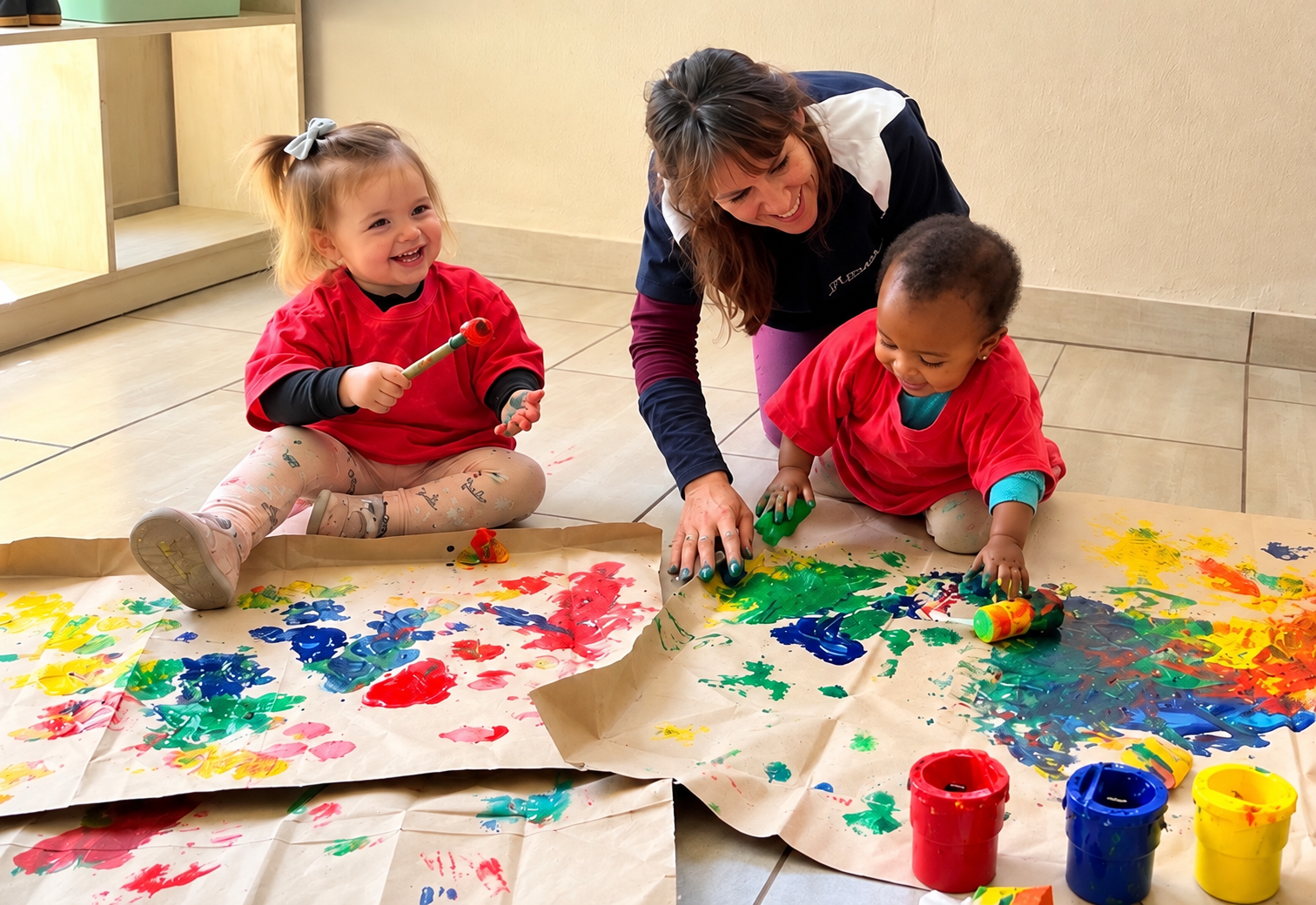 Two young children and an adult woman sitting on the floor, engaging in finger painting with colorful paints on large sheets of paper. The children are happily playing, with one holding a paintbrush.