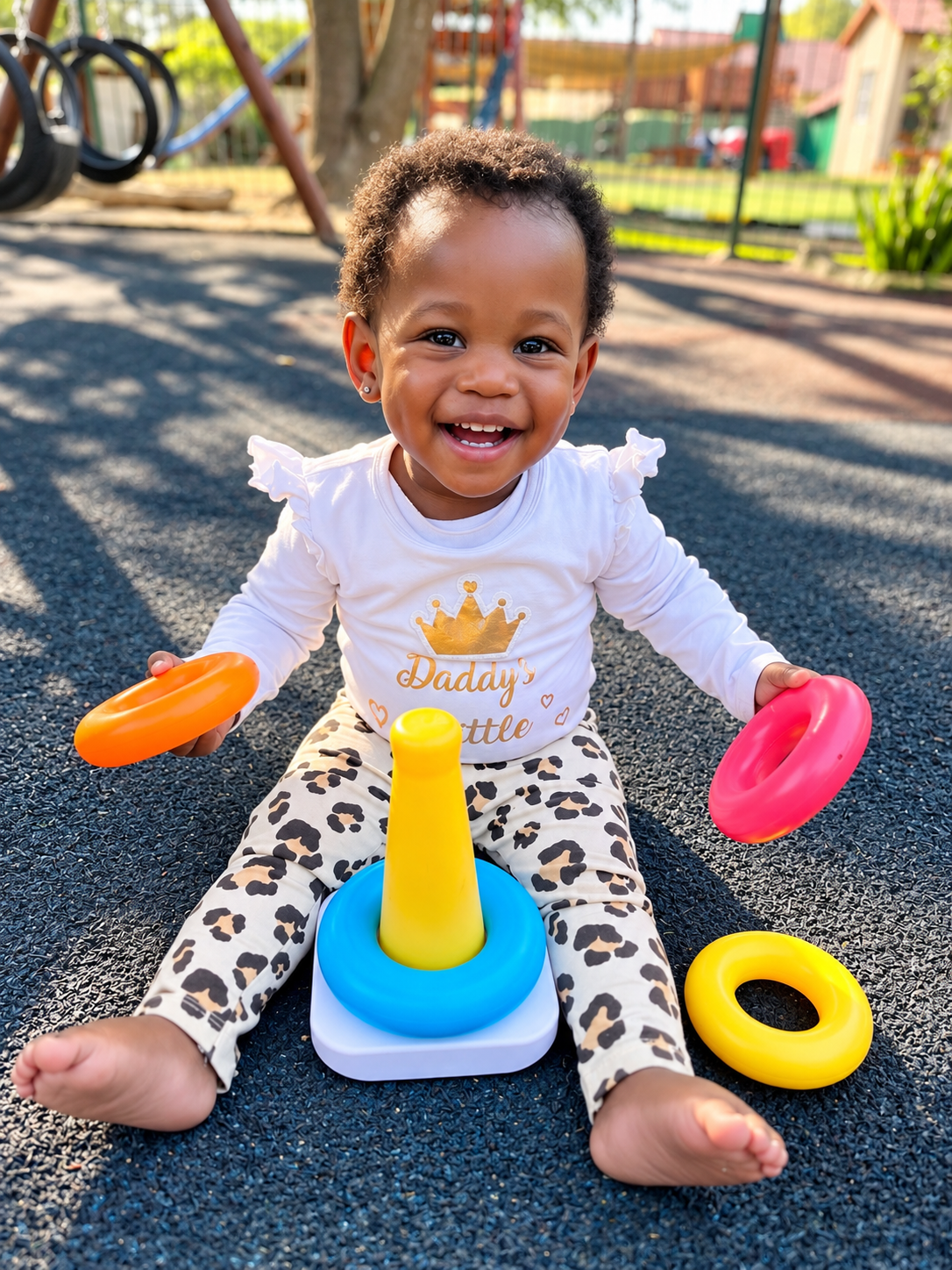 A smiling toddler sitting on the ground at a playground, holding two colorful rings, with a cone-shaped toy in front. The child is wearing a white shirt with gold lettering and leopard-print pants.