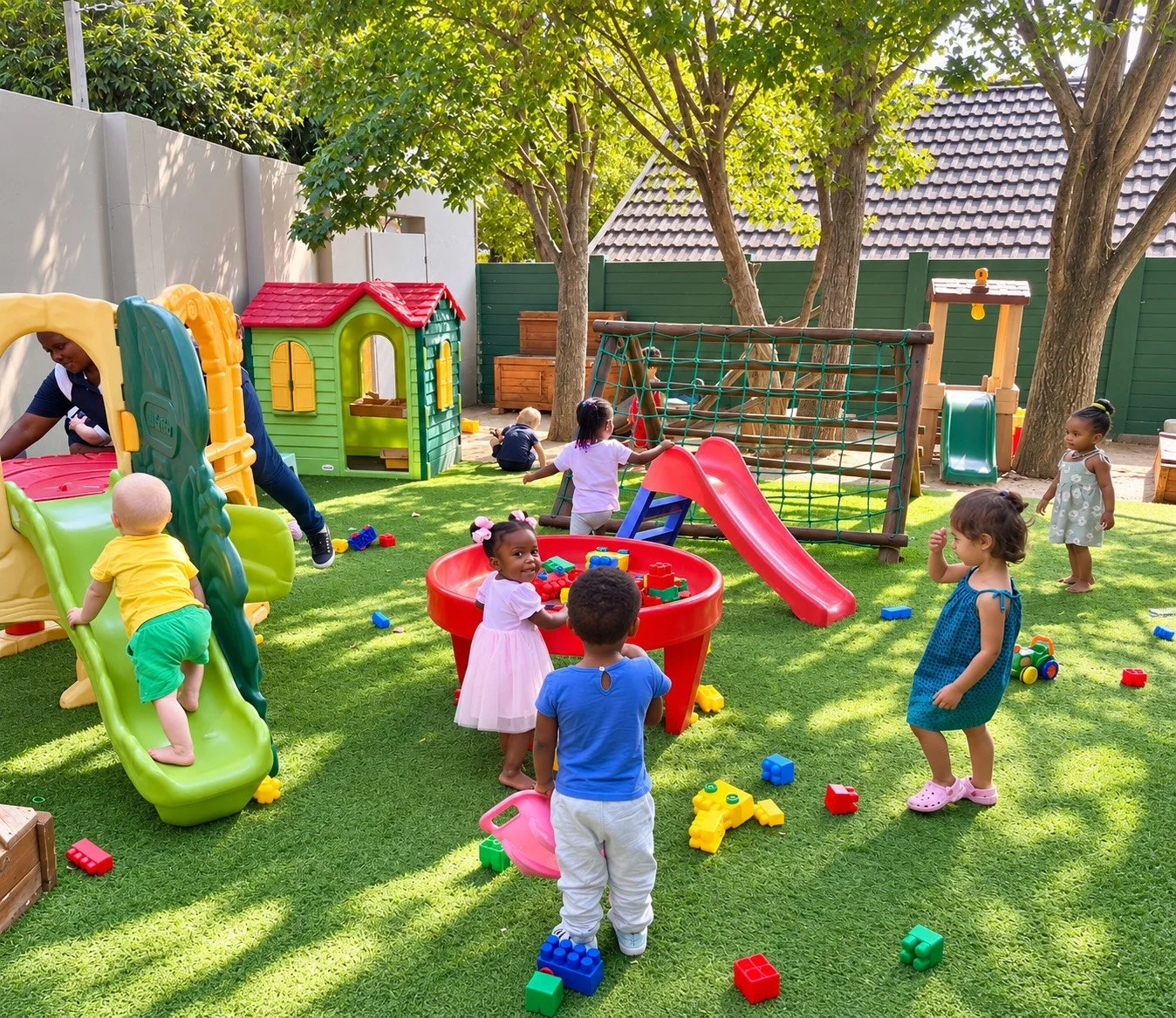 Children playing in a backyard playground with slides, a sandbox, a climbing structure, and toys, surrounded by trees and a green fence.