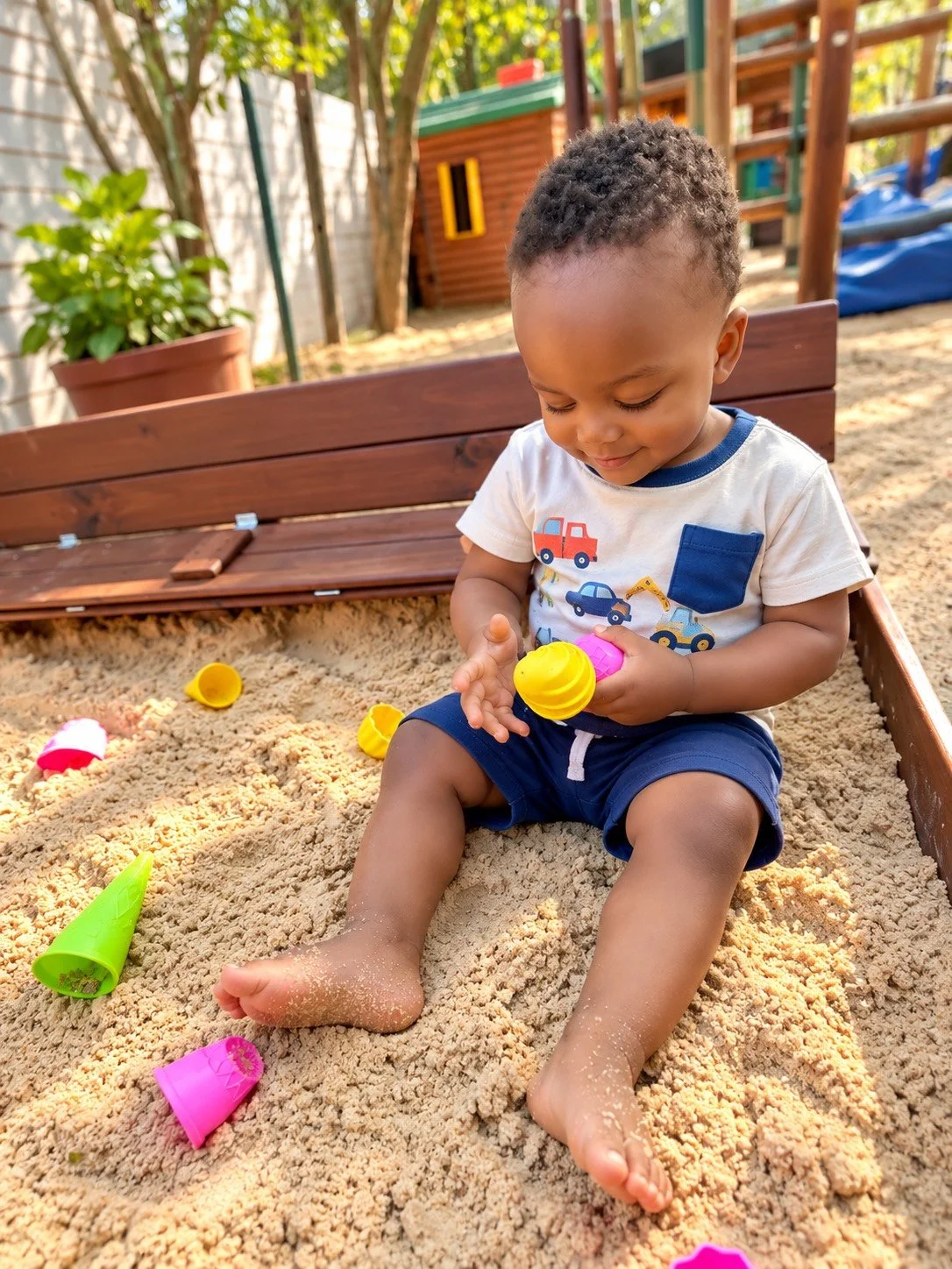 A young boy sitting in a sandbox, playing with colorful sand toys in an outdoor playground area.