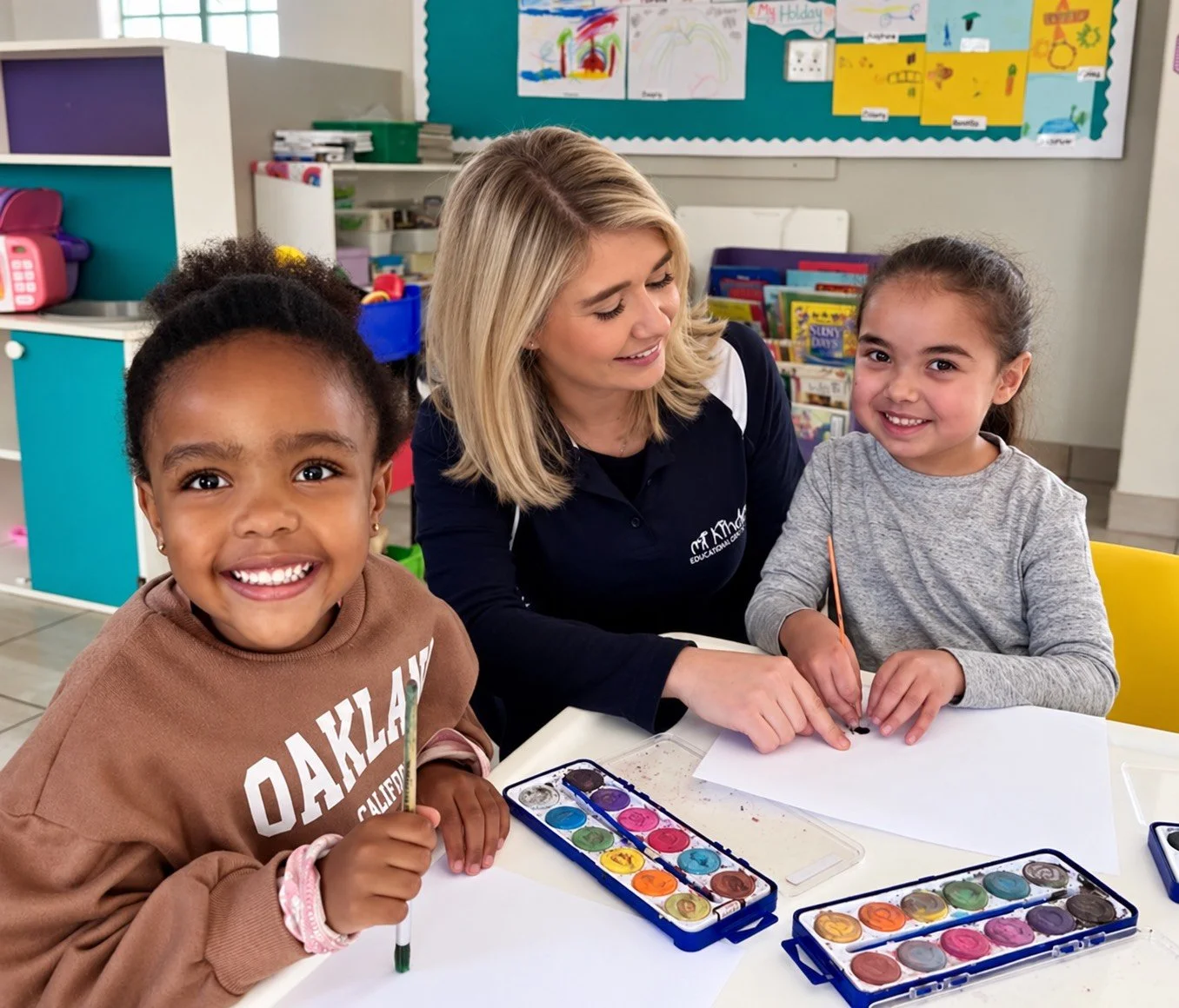 Two young girls and a woman are sitting at a table, smiling and engaging in an art activity with watercolor paints and paper in a classroom setting.