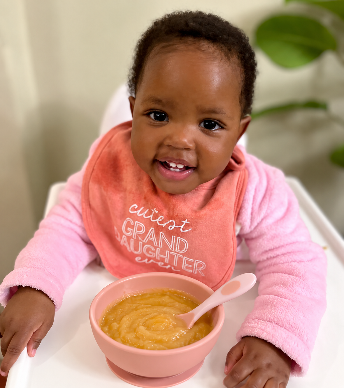 A smiling young child with short curly hair sitting in a high chair, wearing a pink bib that reads "cutest GRAND DAUGHTER ever," and holding a pink bowl of mashed apples or bananas with a white spoon, in a room with a blurred background and a green plant.