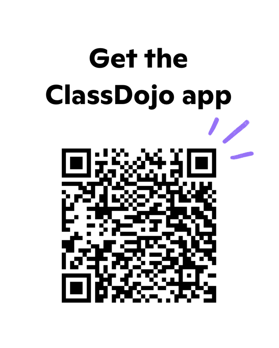 Promotional graphic with text 'Get the ClassDojo app' and a QR code, with purple doodles next to the QR code.